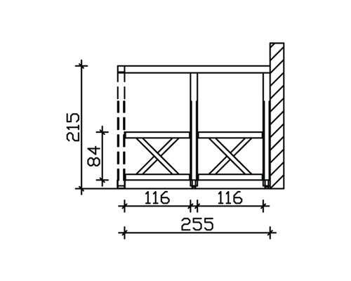 Technische Zeichnung eines Holzregals mit Maßangaben