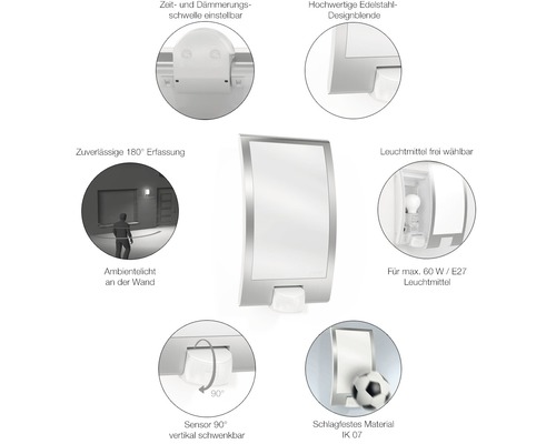 Wandleuchte mit einstellbarer Zeit und Dämmerungsschwelle, Edelstahl-Designblende, 180 Grad Erfassung, freie Leuchtmittelwahl, maximal 60 Watt E27 Leuchtmittel, 90 Grad vertikal schwenkbarer Sensor und schlagfestes Material IK 07.