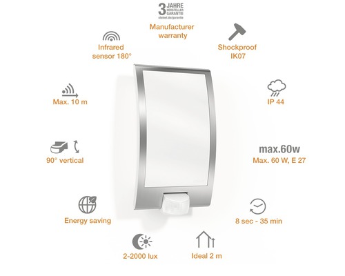 Applique extérieure avec capteur Steinel 1 ampoule 286x162 mm L 22 S acier inoxydable/blanc