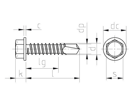 Dessin technique d''une vis autoperceuse à tête hexagonale avec indications de dimensions