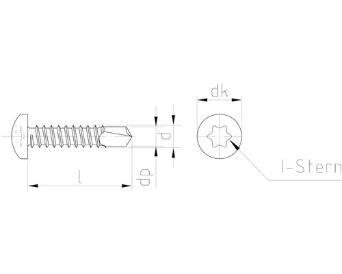 Zeichnung einer Linsenkopfschraube mit I-Stern Antrieb
