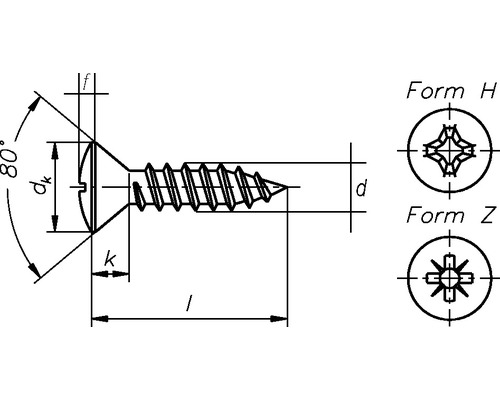 Technische Zeichnung einer Senkkopfschraube mit Form H und Form Z