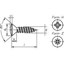Technische Zeichnung einer Senkkopfschraube mit Abmessungsangaben