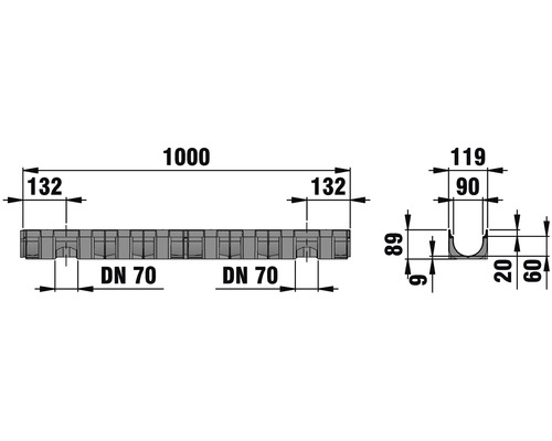 Dessin technique d''un caniveau de drainage avec cotes