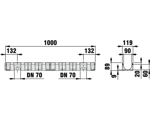 Technische Zeichnung einer Entwässerungsrinne mit Maßangaben