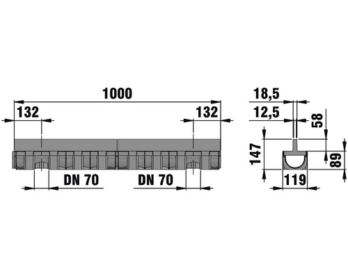 Schéma technique d''un caniveau de douche avec dimensions