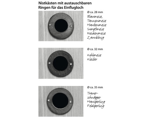 Anneaux interchangeables pour nichoirs avec différents diamètres pour différentes espèces d''oiseaux