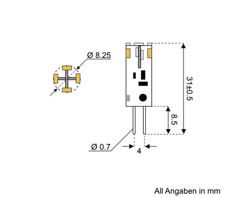 Technische Zeichnung einer Lampe mit Maßangaben in Millimetern