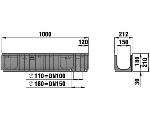 Dessin technique d''une rigole de drainage avec indications de dimensions