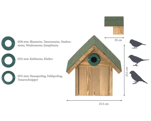 Nichoir en bois avec toit et différentes tailles de trous d''envol