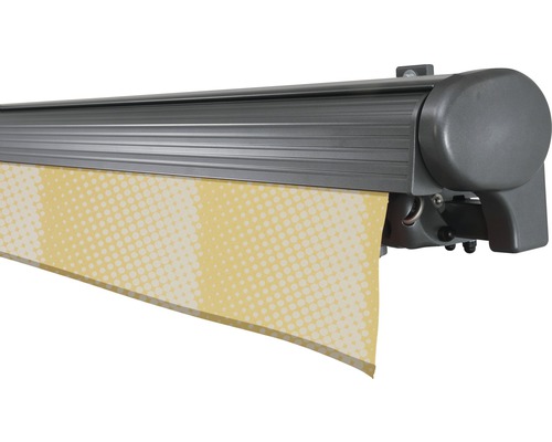 Markise mit gelb gemustertem Stoff