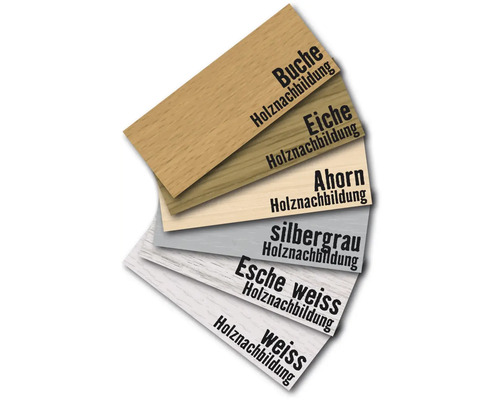 Dekoransicht von Holzdekoren wie Buche, Eiche, Ahorn, Silbergrau, Esche weiss und Weiss