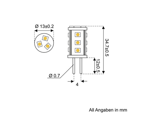 Technische Zeichnung einer G4 Leuchte mit Maßangaben in Millimeter