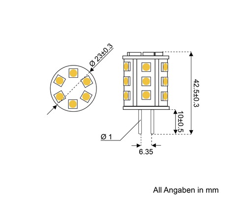 Technische Zeichnung einer G4 LED Lampe mit Maßangaben in Millimetern