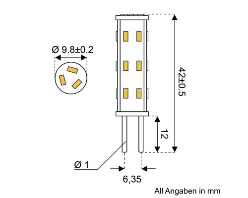 Technische Zeichnung einer G4 Leuchte mit Maßangaben in Millimeter.