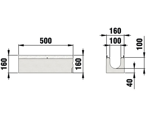 Technische Zeichnung einer Entwässerungsrinne mit Maßangaben