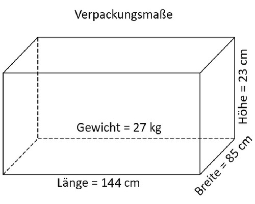 Verpackungsmaße: Länge 144 cm, Breite 85 cm, Höhe 23 cm, Gewicht 27 kg