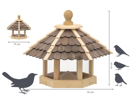 Mangeoire en bois avec toit et parois transparentes, les dimensions sont indiquées