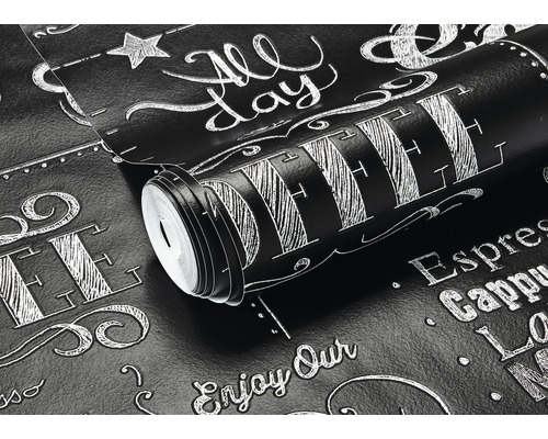 Eine Rolle schwarze Tapete mit Kaffeehaus-Motiv.