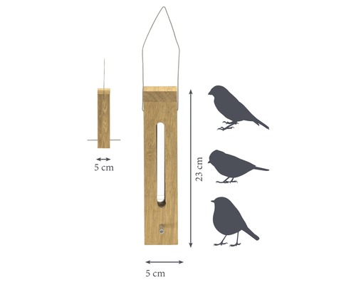 Mangeoire pour oiseaux en bois avec suspension et indications de dimensions