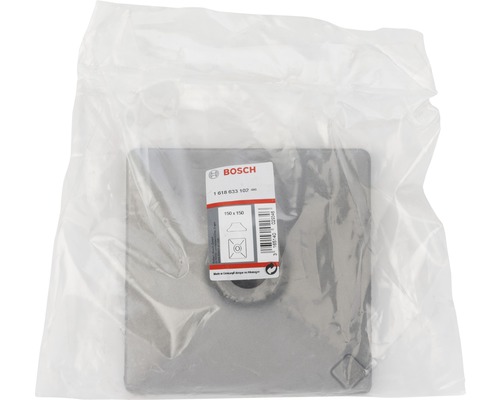 Logo Bosch. Plaque de montage carrée de dimensions 150 x 150 millimètres dans son emballage.