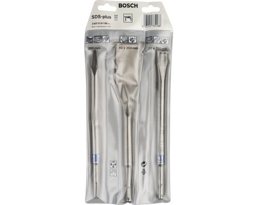 Logo Bosch. Ensemble de trois burins SDS-Plus de dimensions 250 mm, 40 x 250 mm et 20 x 250 mm dans un emballage.