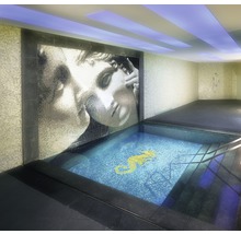 Intérieur avec mosaïque au mur et piscine avec motif d''hippocampe
