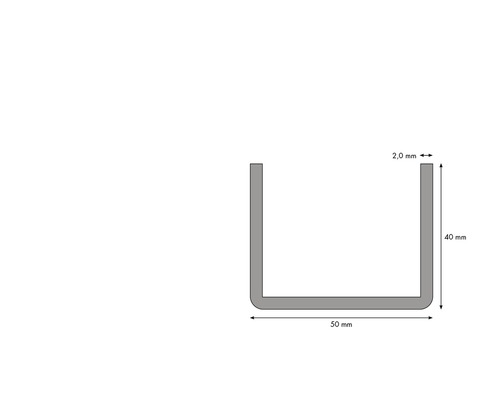 Schéma technique d''un profilé en U avec des dimensions de 40 mm de hauteur, 50 mm de largeur et 2 mm d''épaisseur de matériau