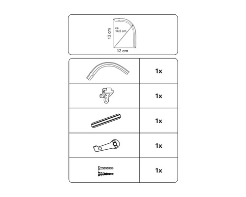 Contenu de l''emballage des accessoires pour tringle à rideaux : tringle incurvée avec dimensions, accessoires.