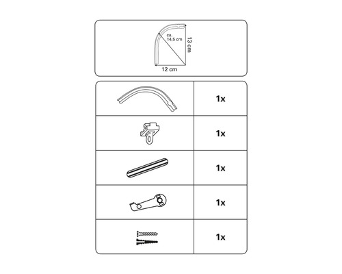 Image des différentes pièces d''une tringle à rideau de douche avec indication des dimensions