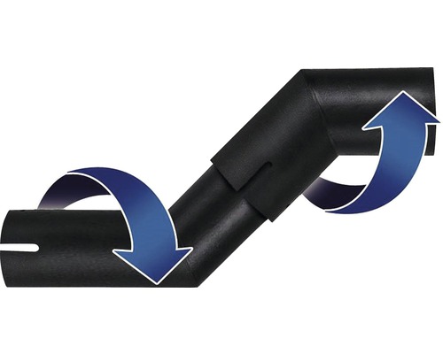 Schwarzes Fallrohrbogen-System mit Pfeilen, die die Richtungsänderung anzeigen