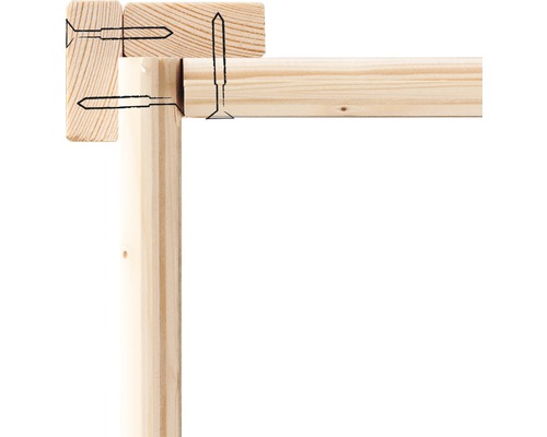 Vue détaillée d''une structure en bois assemblée avec des vis.
