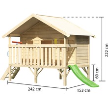 Holzspielhaus mit Rutsche und den Maßen 242 cm mal 153 cm und 222 cm Höhe