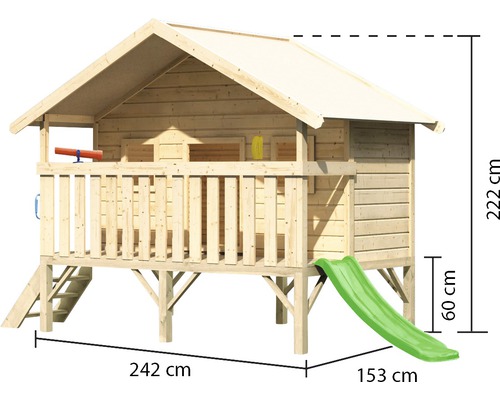 Cabane de jeux en bois avec toboggan et dimensions de 242 cm sur 153 cm et 222 cm de hauteur