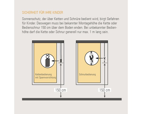 Illustration zur Kindersicherheit bei der Bedienung von Sonnenschutzprodukten mit Ketten und Schnüren.