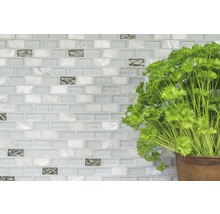 Mur clair en carreaux de mosaïque avec pot d''herbes aromatiques