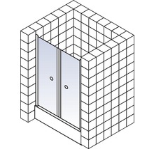 Illustration d''une cabine de douche avec portes coulissantes dans une salle de bains carrelée.