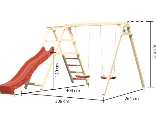 Spielturm mit Rutsche und Schaukel mit Maßangaben