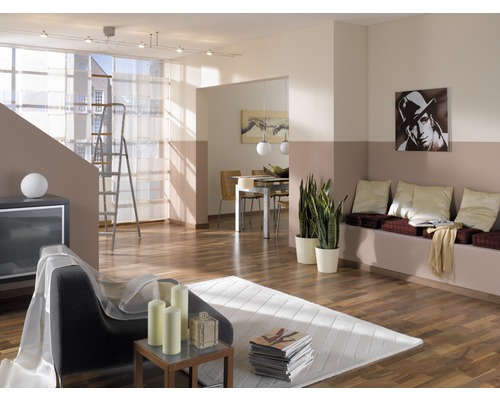 Wohnzimmer mit Sitzbank, Zimmerpflanzen und Leiter