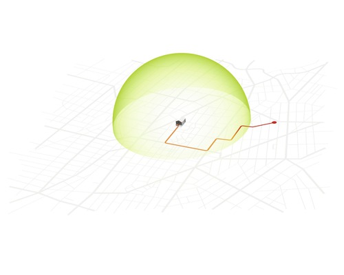 Représentation d''un bâtiment avec zone de sécurité et itinéraire sur une carte