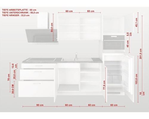 Küchenzeile mit Maßangaben zu Arbeitsplatte, Unterschrank und Hängeschrank