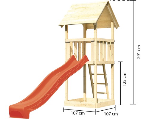 Spielturm aus Holz mit Rutsche und Leiter mit den Massen 291 x 107 x 107 cm