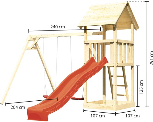 Spielturm mit Schaukel und Rutsche aus Holz mit den Maßen 240 cm, 264 cm, 107 cm, 125 cm und 291 cm