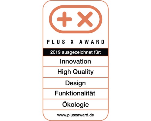 Plus X Award Siegel für Innovation, hohe Qualität, Design, Funktionalität und Ökologie