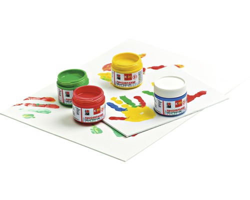 Fingerfarben Set mit vier Farbtöpfen und Papier mit Handabdrücken