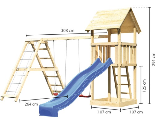 Spielturm mit Schaukel, Rutsche und Kletterwand mit Maßangaben