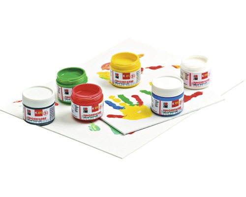 Sechs Farbtiegel Fingerfarbe auf Papier mit Handabdrücken