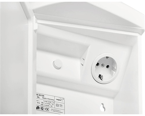 Vue détaillée d''un luminaire d''extérieur blanc avec prise