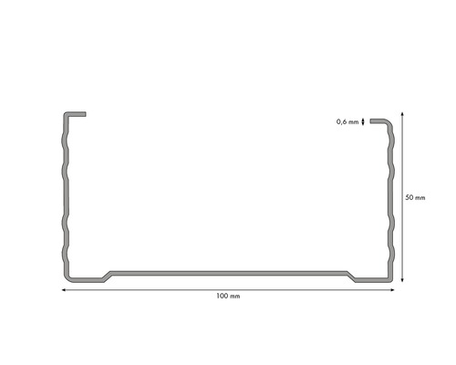 Illustration d''un profilé métallique avec des dimensions de 50 mm de hauteur, 100 mm de largeur et 0,6 mm d''épaisseur