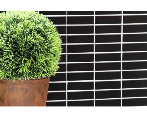 Schwarze Mosaikfliesen an der Wand mit Dekoration